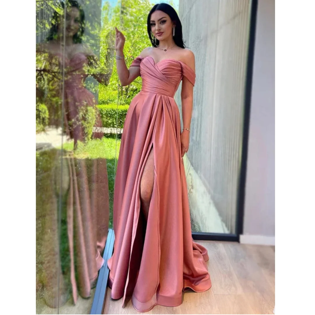 

Satin Off the Shoulder Bridesmaid Dresses Sweetheart A-line Pleat High Split Cocktail Dress Elegant Backless Simple Evening Gown