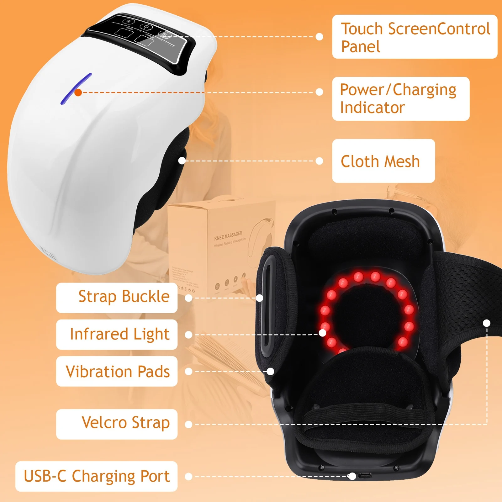 Electric Knee Massager Adjustable Temperature Vibration Cordless Knee Massager with LED Screen White 2