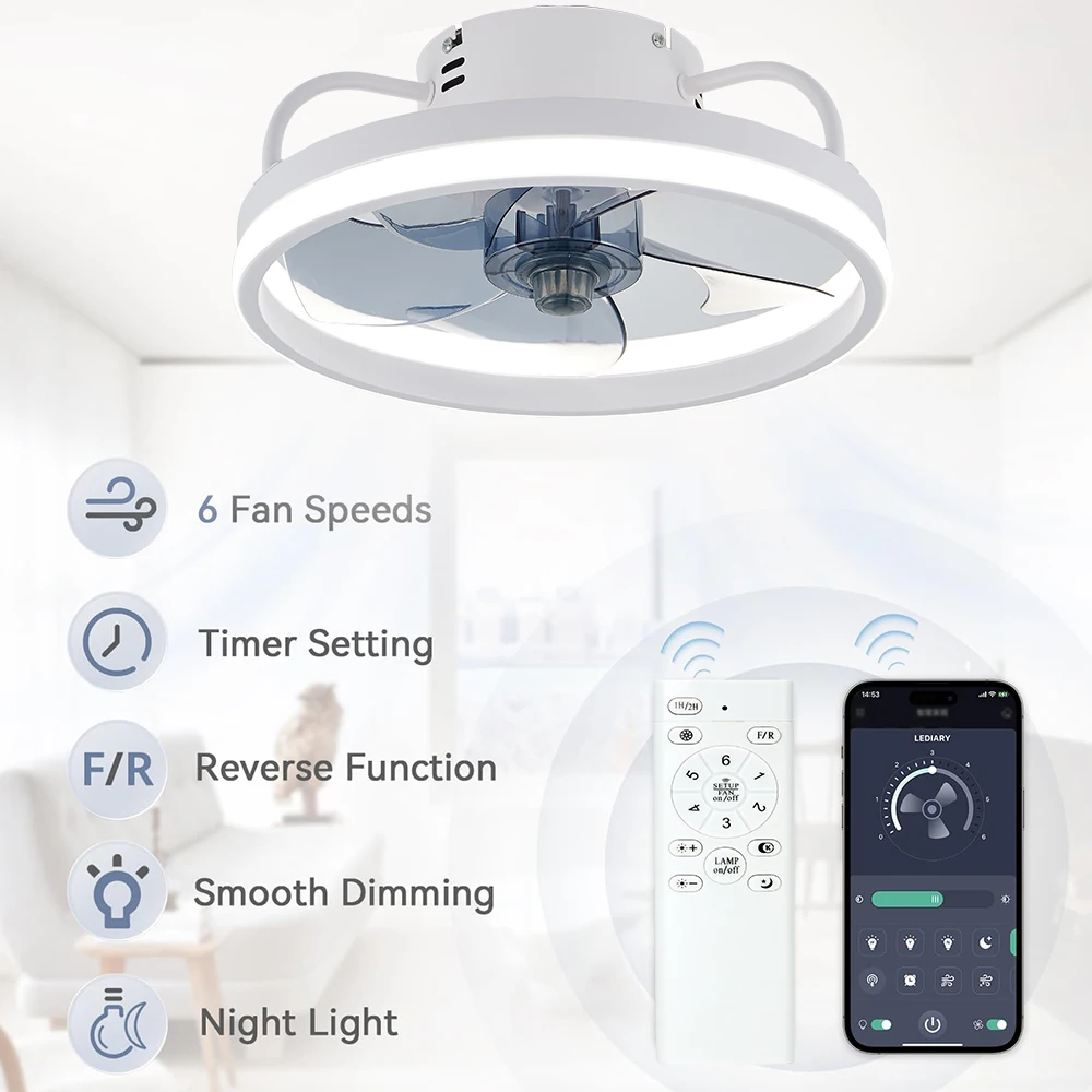 Modern LED ceiling fan with adjustable two-way blade timer and remote control tri-color adjustable bedroom living room kitchen