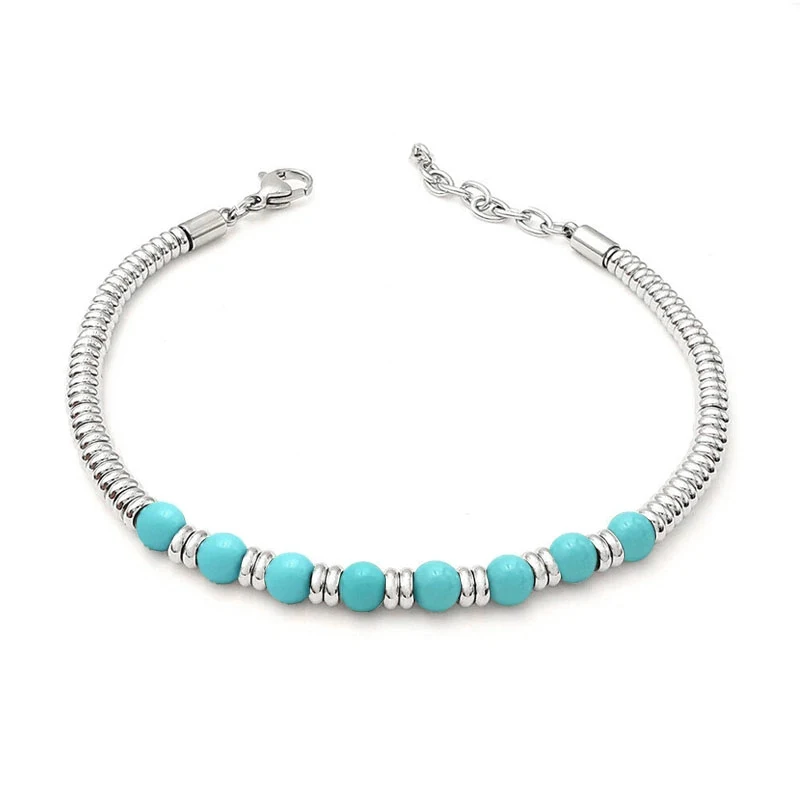 Runda Stainless Steel Bead Charm Bracelet with Turquoise Blue Gold Stone 4mm Adjustable Size 22cm Handmade Bracelet for Men