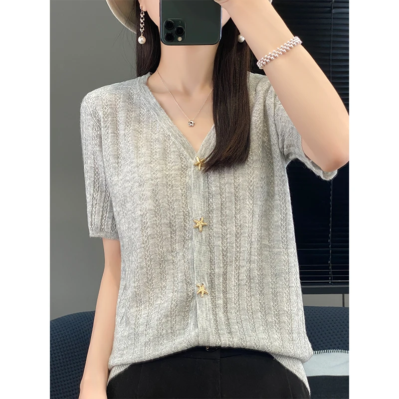 

Women's T-shirt Summer New Worsted Wool Knitwear Casual Solid Color Ladies Tops V-neck Cardigan Short Sleeve Fitted Hollow Tees