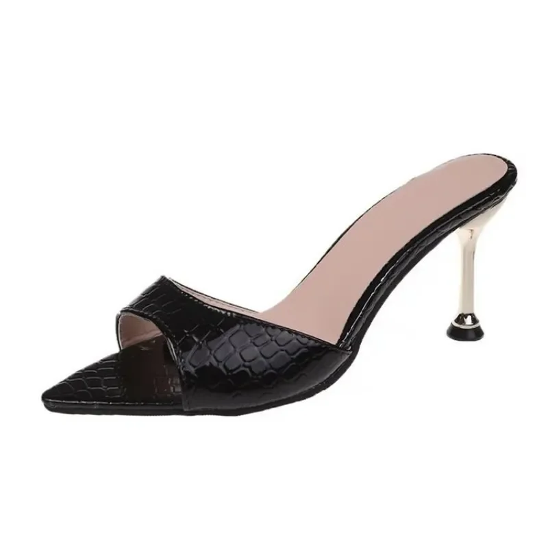 뱀 인쇄 Strappy Mule 여성 얇은 하이힐 슬리퍼 샌들 지적 들여다 발가락 슬라이드 파티 플립 플롭 신발