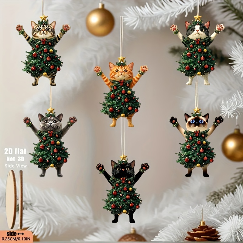 6pcs 2D Flat Wooden Christmas Cat Ornaments Cute Christmas Tree Cat Pendant Festival Supplies Home Party Decoration Holiday Gift