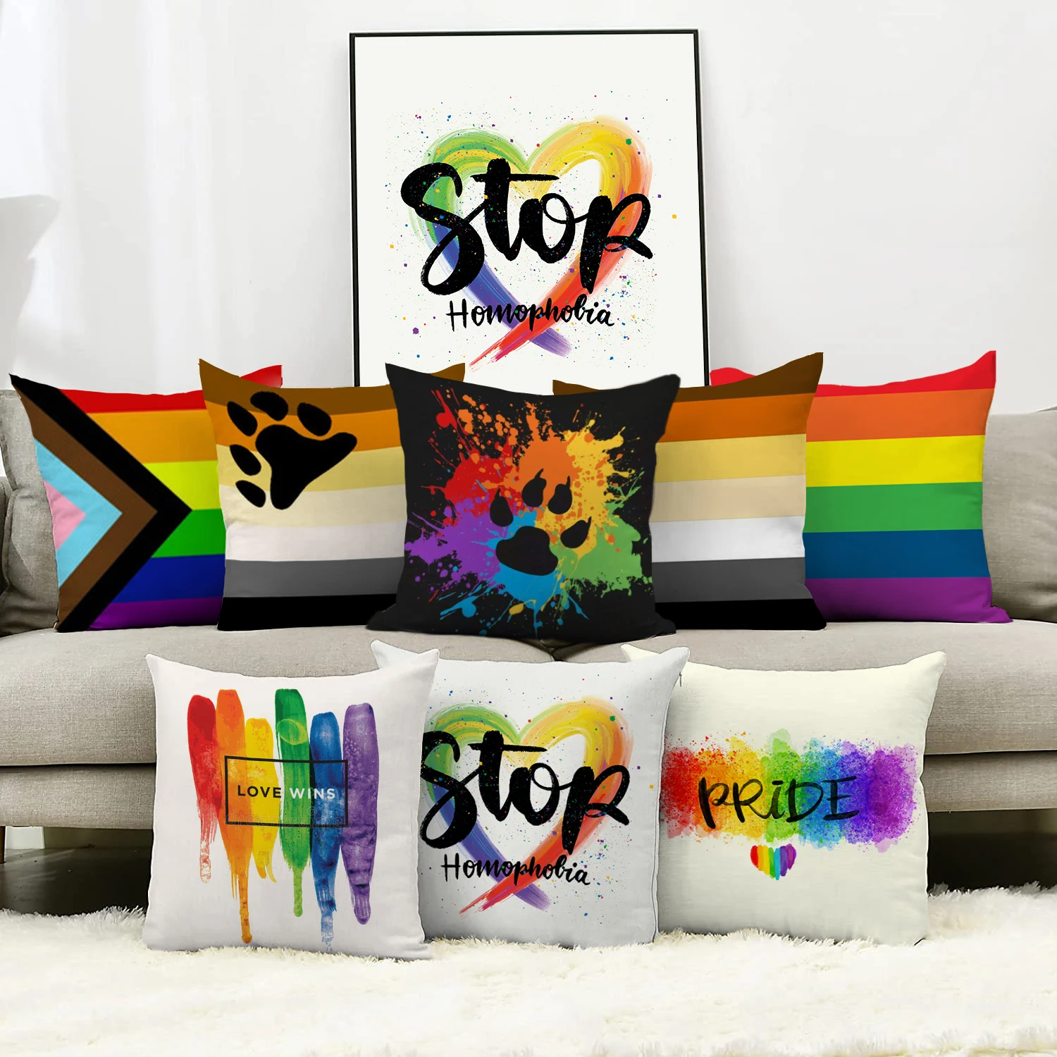 

6PC Rainbow Bear Paw LGBT Print Pillow Cover Gay Pride Rainbow Flag Cushion Cover Soft Pillow Cover for Living Room Home Decor