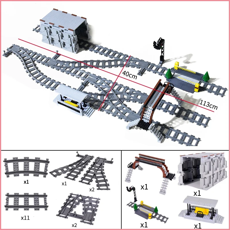 City Train Station Platform Traffic Light Cave Flyover Tracks Straight Curved Rails Building Block Bricks Technican Creative Toy 2