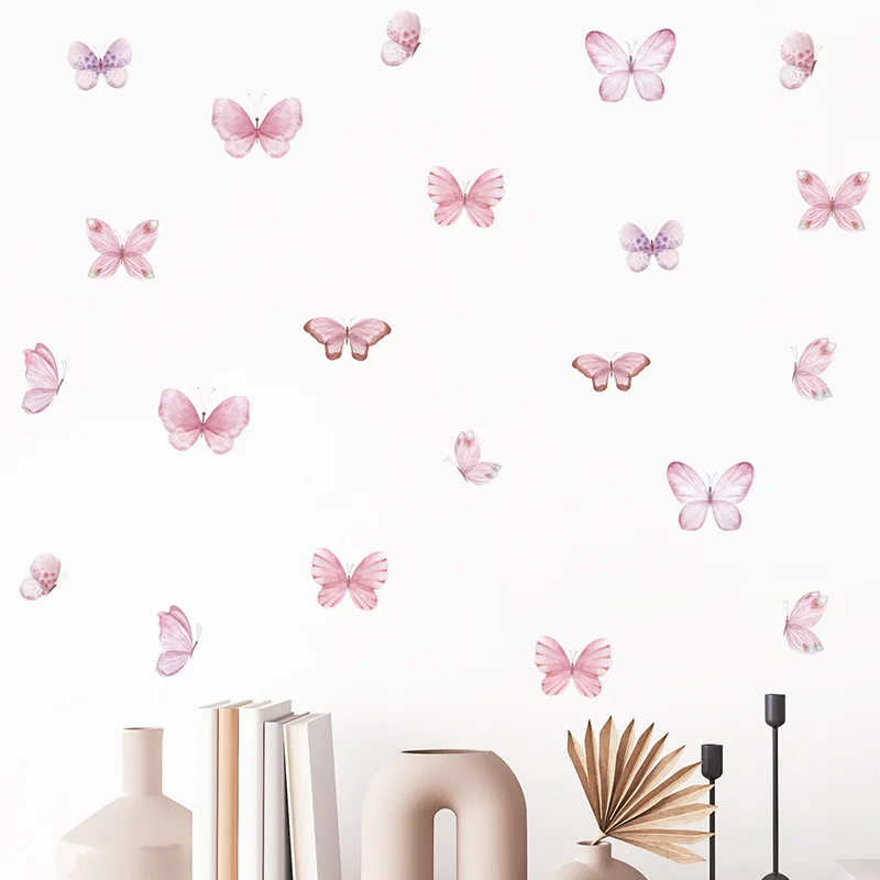 Pink Butterfly Self-Adhesive Wall Stickers - Aesthetic Girl's Room Decor, 22.5x30cm 3pcs Set for Bedroom & Kindergarten