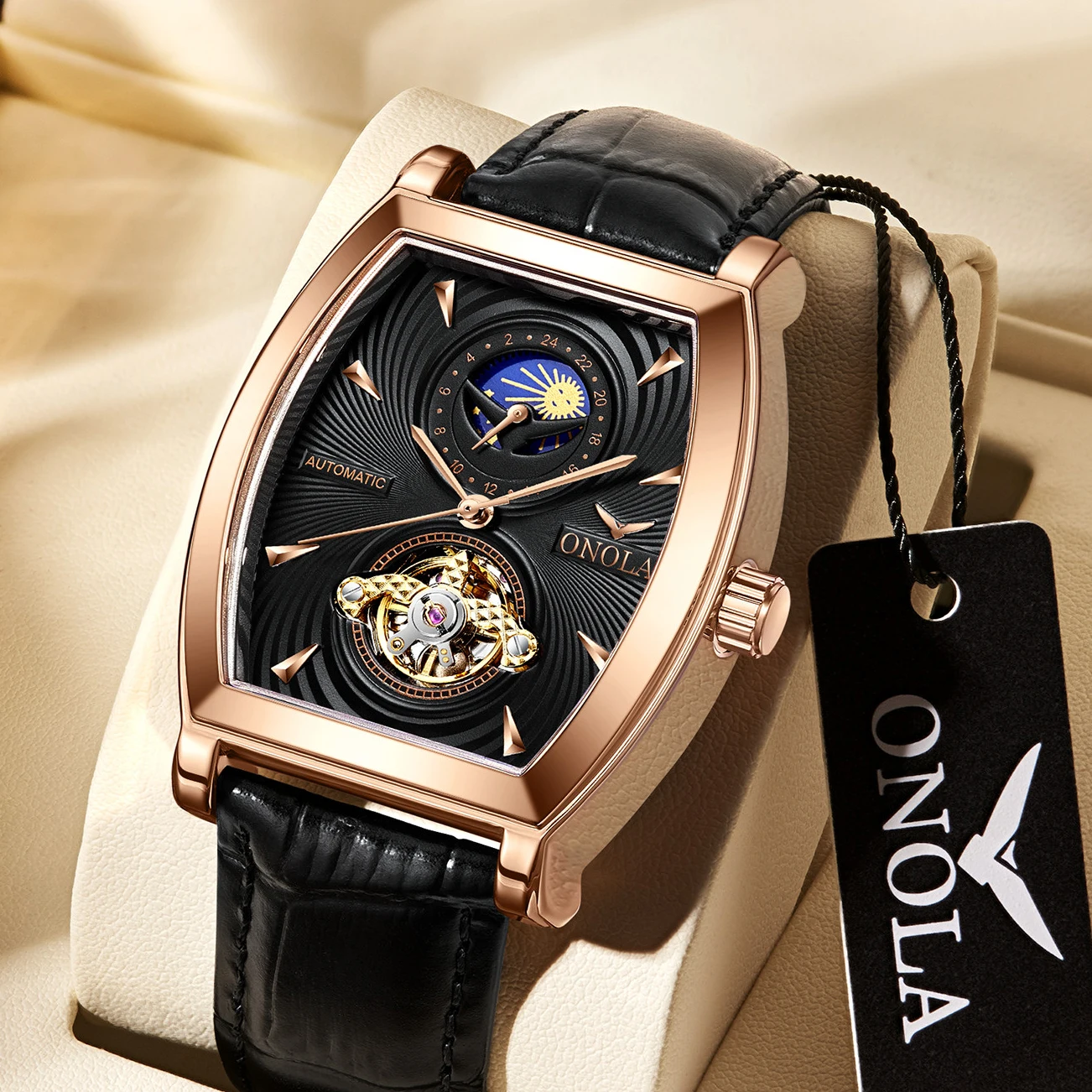 Luxury Business Sports Stainless Steel Watch Leather Strap ONOLA Waterproof  Casual Men Mechanic Watches