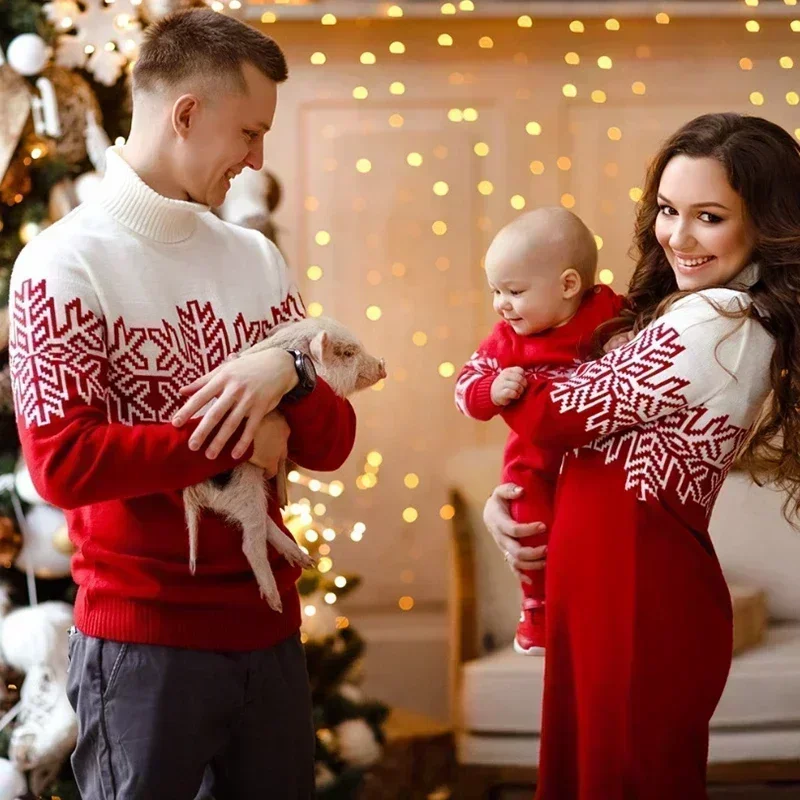 High Quality Matching Christmas Sweaters for Women Men Boys Girls Thick Turtleneck Dad Kids Sweater Mom Knitting Dress Xmas Look