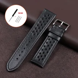 Vintage Genuine Leather Universal Watch Strap - Breathable Cowhide Wristband Accessory - 22mm (Black)