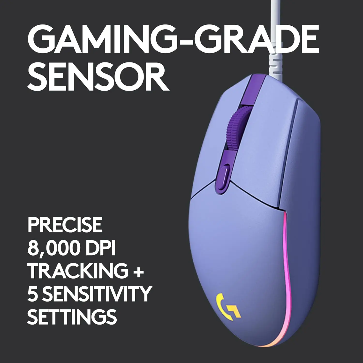로지텍 G102 G203 유선 게이밍 마우스 2.1미터 길이 케이블 8000 DPI RGB 효과 PC 노트북 사무실 게이머용 유연한 디자인