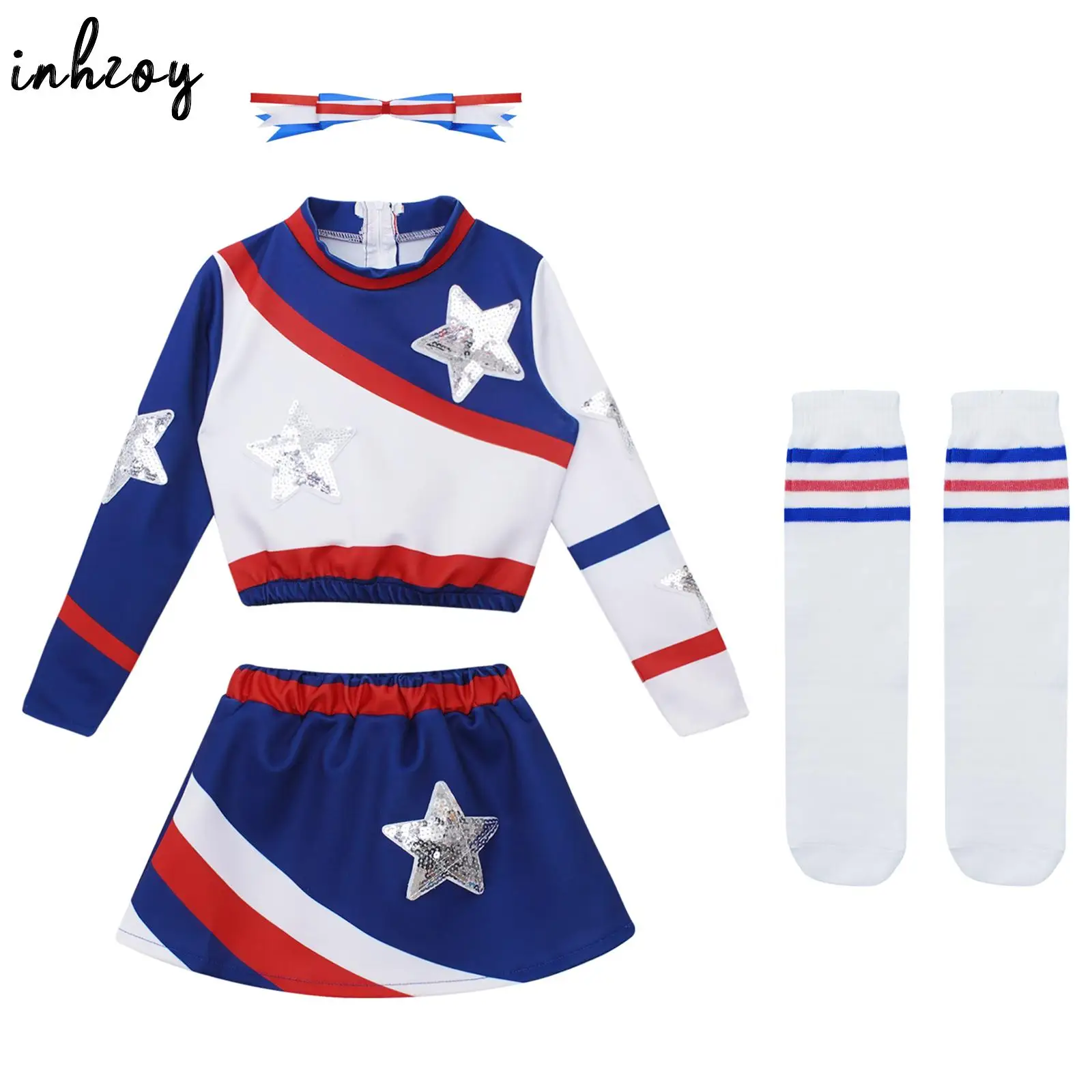 

Kids Girls Cheerleading Clothes Cosplay Outfits Long Sleeve Shiny Sequins Pentagram Crop Top with Skirt Headwear and Socks Set