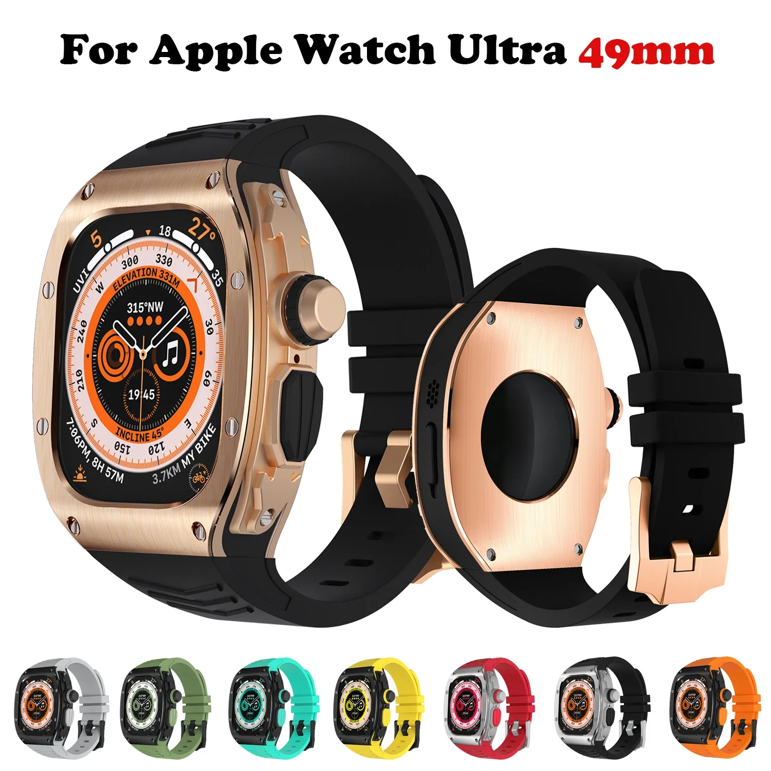 Stainless Steel Case Bezel Modification Kit For Apple Watch 8 Ultra 1 2 Rubber Band Iwatch Series 8 49Mm Bracelet Refit Mod