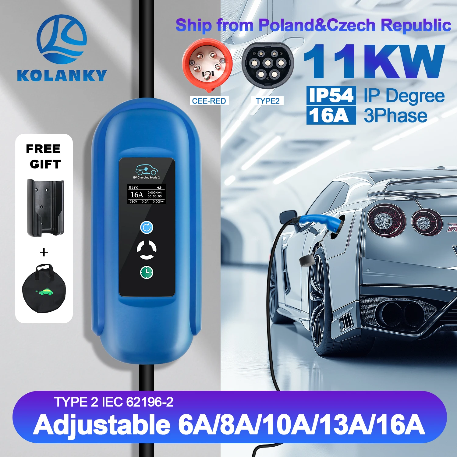 Kolanky 11KW 16A EV Portable Charger Type2 EVSE Charging Box Electric Car Charger CEE Plug IEC62196-2 EV Charger With 5M Cable