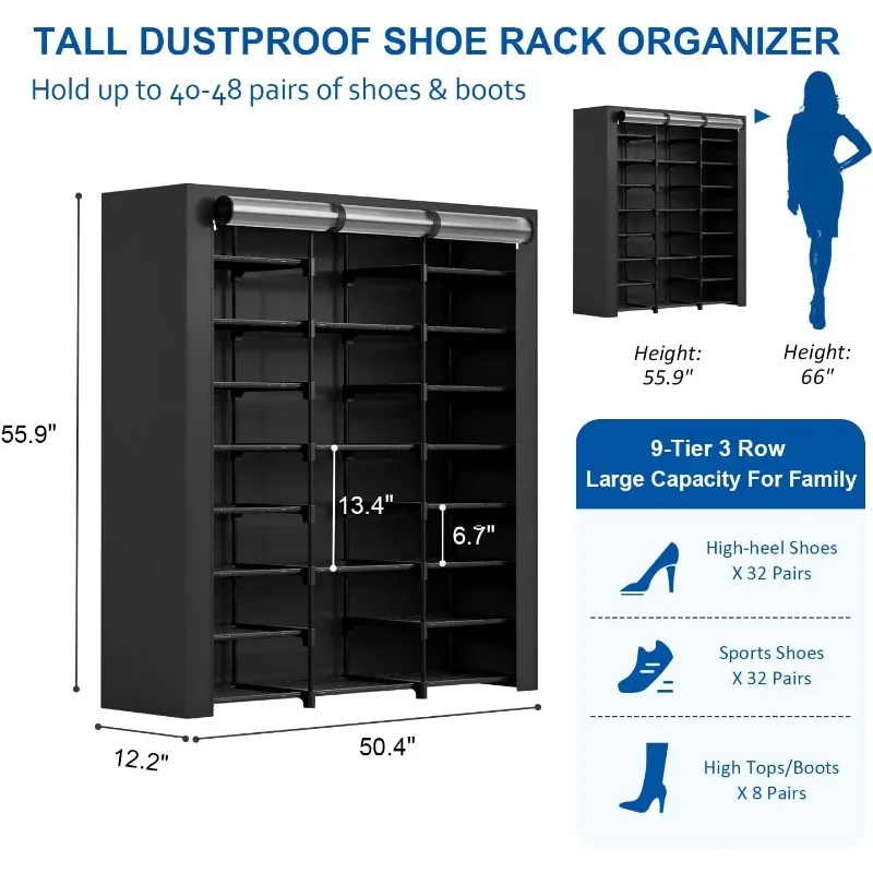 9-Tier Large Tall Shoe Rack with Covers 40-46 Pairs, Sneaker Rack Organizer Shoes Cabinet Closed Shelves Shoe Stand Holder