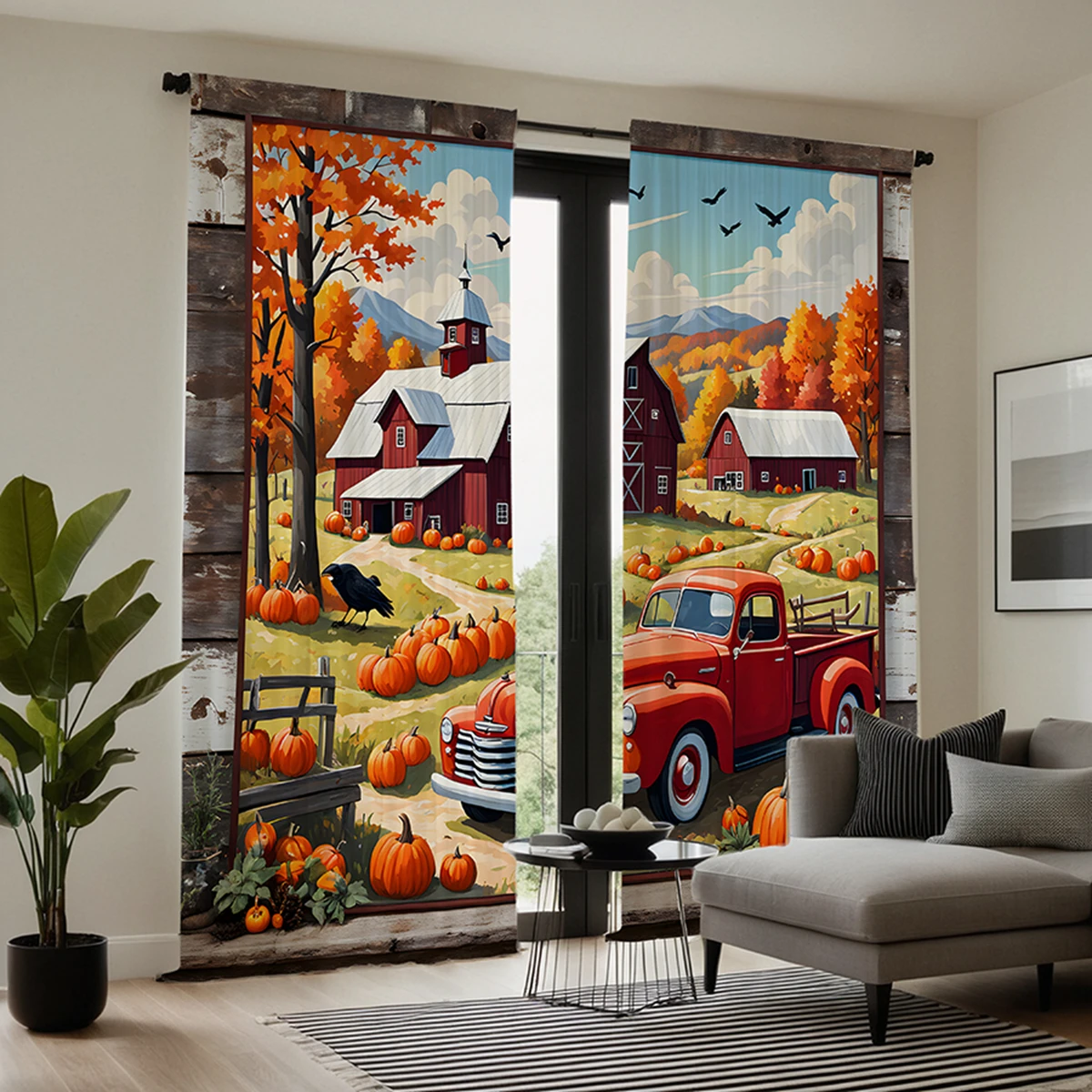 2pcs HD Harvest Festival Mountain hut Pumpkin bus decorative curtain Yellow tie digital printed curtain Home decoration style 4