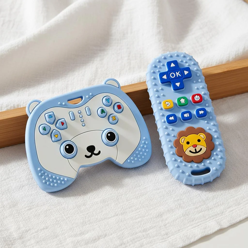 2Pcs Baby Teething Toys for 0-6 6-12 Months Silicone Bear Game Controller & Lion Teether Set
