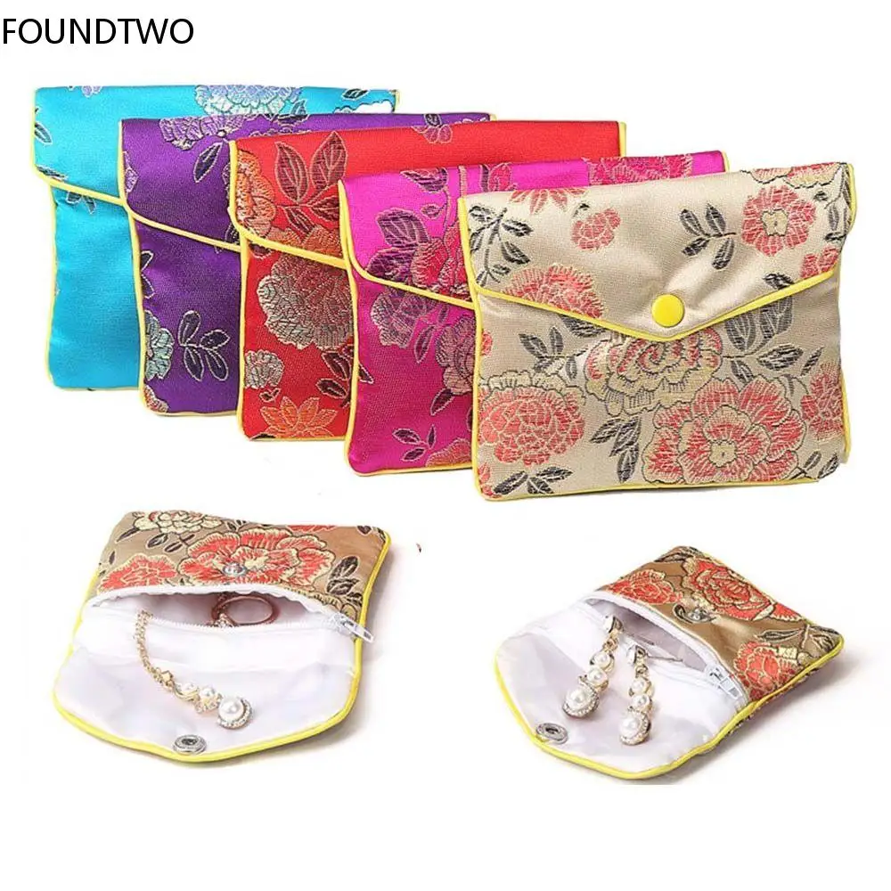 Chinesische Brokat Schmuck Aufbewahrung Tasche Handgemachte Sei Stickerei Gepolstert Kleine Reiß Verschluss Quaste Schmuck Veranstalter Beutel Satin Geschenkt üte