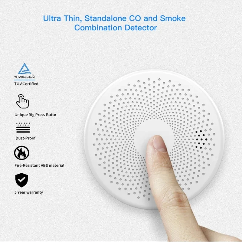 2 in 1 Version WiFi Tuya Smart Co & Smoke Dual Sensor Fire Alarm Carbon Monoxide Detector Sound Alert Parlor Room Kitchen Shop