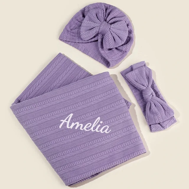 3pcs Custom Name Baby Swaddle Blanket with Newborn Hat Bowknot Headbands Receiving Blanket Wrap Bow Headband for 0-6M Boy Girl 3
