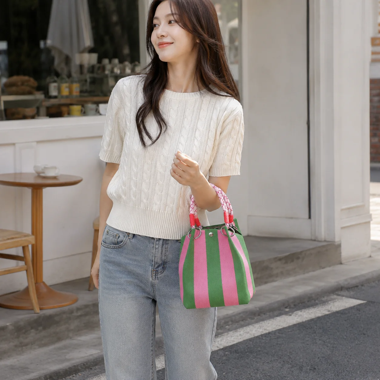 Mini sac fourre-tout en tricot style coréen pour femme, sac à main en crochet rayé, sac à bandoulière léger pour l'été, pour les vacances 1