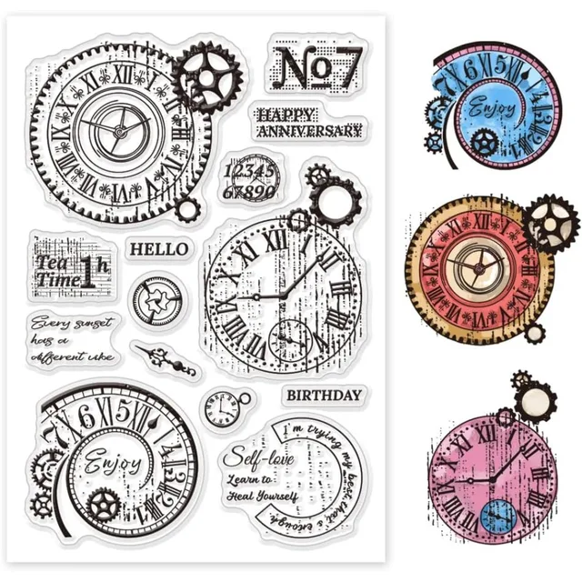 Vintage Gear Clock Clear Stamps Clock Time Silicone Clear Stamp Gear Wheel Transparent Stamps for DIY Scrapbooking and Cards