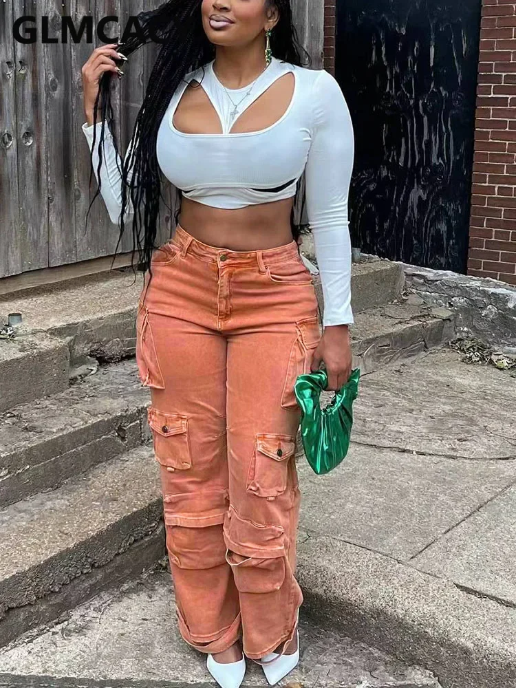 

Women's Casual Solid Color Straight-Leg Jeans with Multiple Pockets