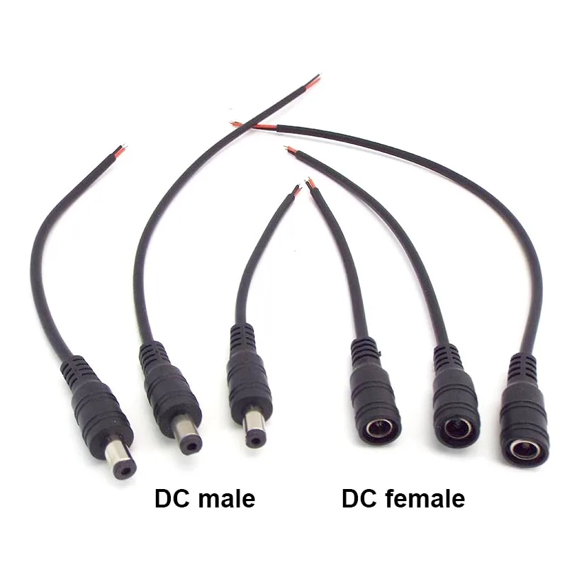 Conector de alimentação Cabo Pigtail, plugue adaptador para Strip Light, DC Masculino e Feminino Jack, 22AWG, 3A, 5.5mm x 2.1mm, 12V, 5V, 2Pin