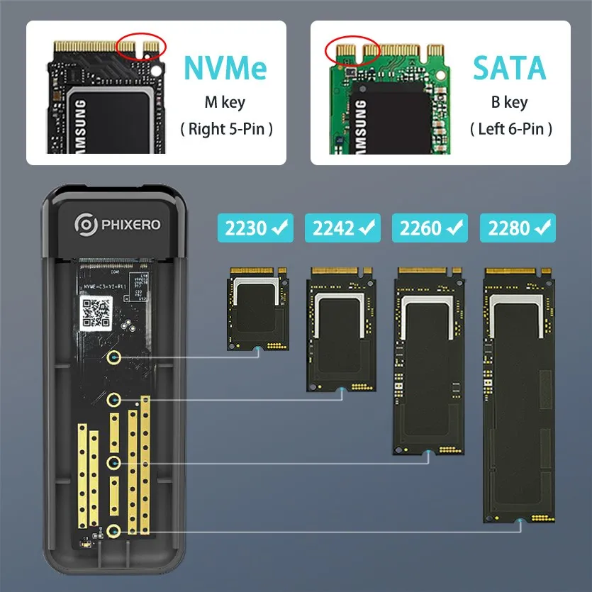 PHIXERO PC 濭 ˷̴ ̽ , M.2 NVMe SSD Ŭ, USB C 3.1 Gen 2, 10Gbps to NVMe PCIe ܺ Ŭ