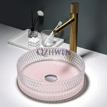 360*360*115 มม.ห้องน้ําอ่างล้างจานแก้วที่สวยงาม Art อ่างล้างหน้ารอบเคาน์เตอร์อ่างล้างหน้าห้องน้ําโปร่งใส Washhand ขาตั้งอ่างล้างจาน 1