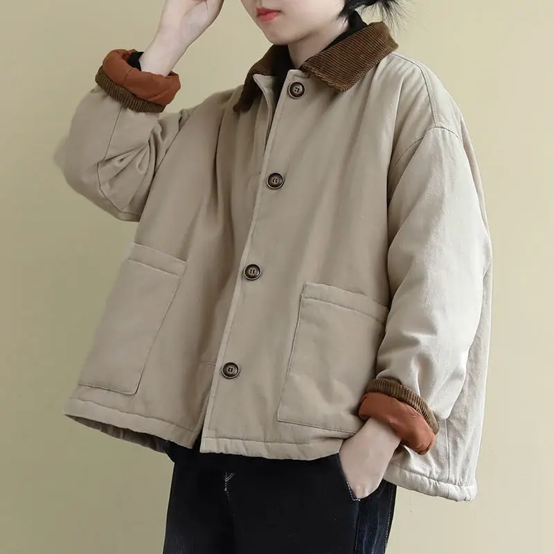 

Short Cotton Padded Winter Clothes Women Autumn Vintage Coat Big Pocket Loose Casual Jacket 3 Colors 2023 High Quality Coats