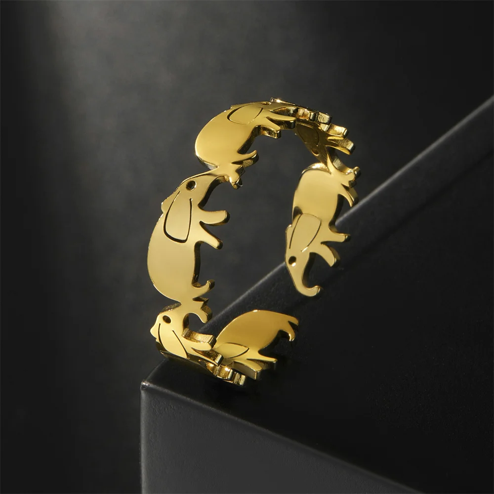 Baby Elephant Head-Tail Cycle Ring Open Adjustable Stainless Steel women men Elegant Ring Birthday Wedding Jewelry gifts 2