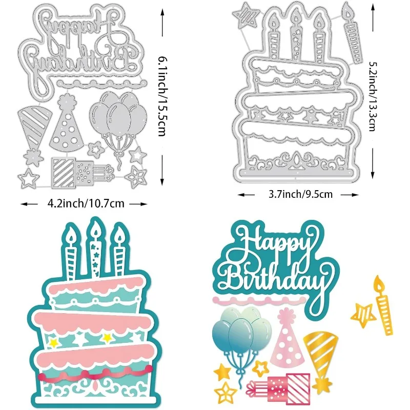 생일 테마 다이 컷 케이크 풍선 모자 금속 엠보싱 스텐실, 휴일 카드 제작 장식 및 DIY, 2 개