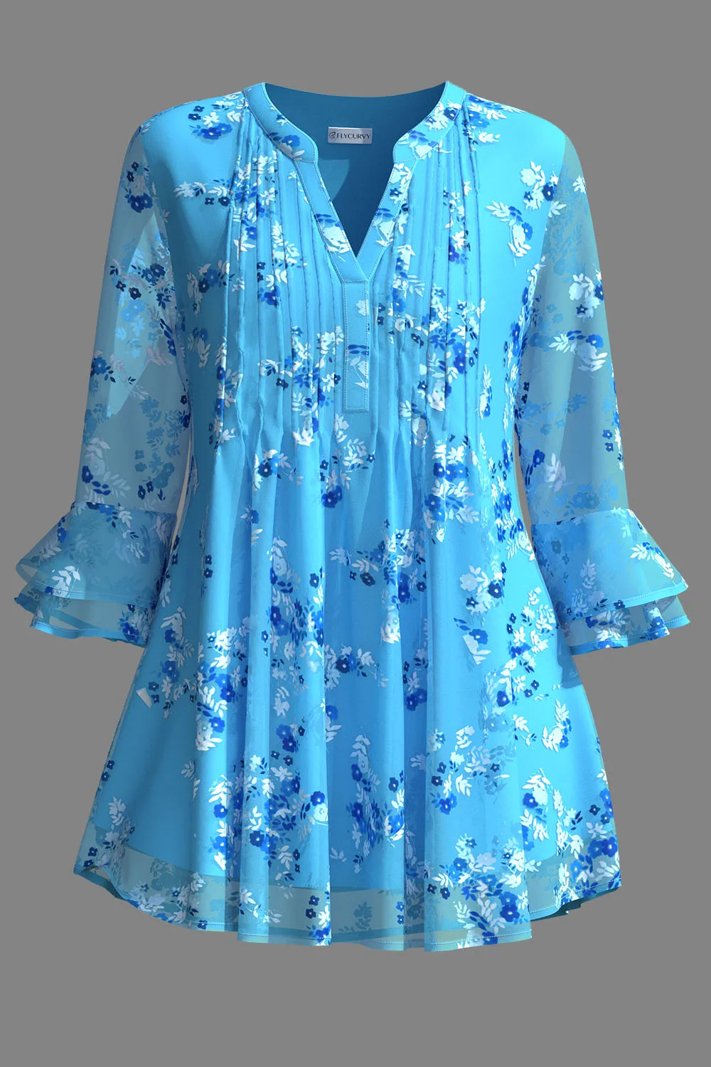 Flycurvy Plus Size Dressy Blue Chiffon Floral Print Pleated Double Layer Ruffled Cuff 3/4 Sleeve Blouse
