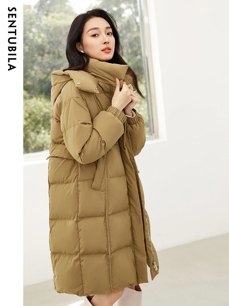 SENTUBILA Women's 2023 Winter Fashion Hooded Long Down Jacket 90% White Duck Down Coat Office Lady Loose Warm Outwear W34Y49569