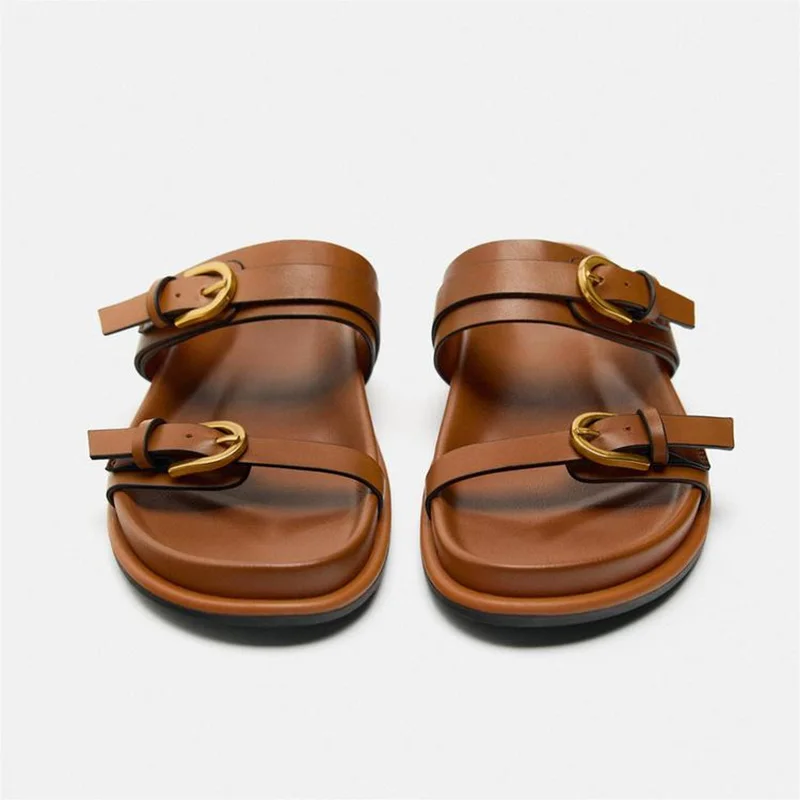 TRAF Brown Metal Buckled Flat Slipper Women Casual Round Toes Comfortable Sandals Woman Flats 2024 New Beach Chic Ladis Shoes
