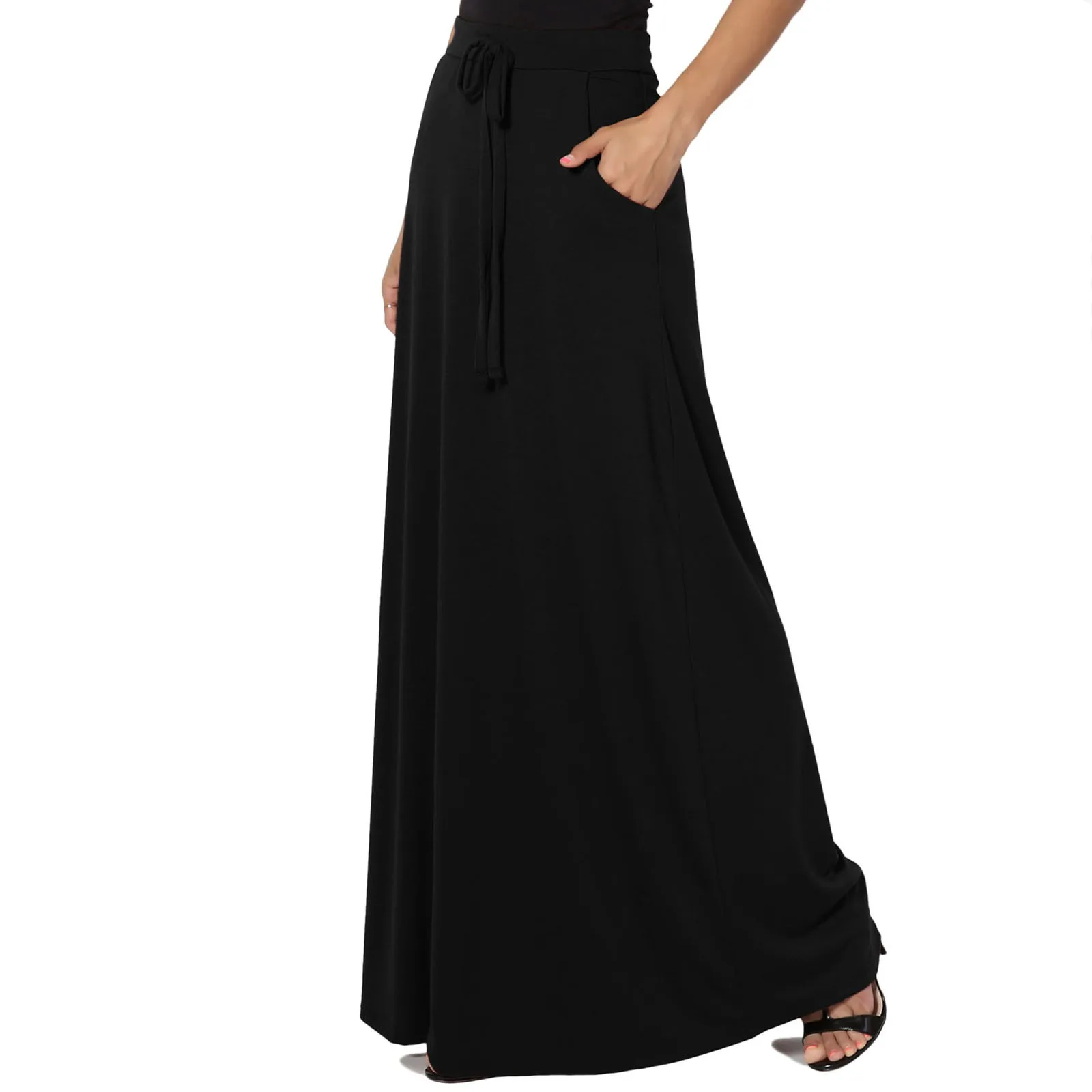 

Elegant Women Maxi Skirt High Waist Tummy Control A-line Loose Hem Skirt Pockets Solid Color Ankle Length Soft Lady Sundresses