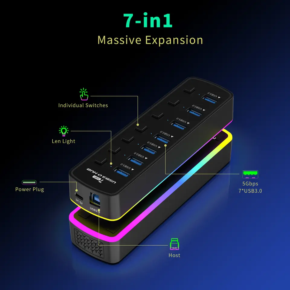 USB 3.0 Hub 4 Ports 7 Ports USB 3.0 Data Port Adapter 5Gbps High Speed Individual On/Off Switch Splitter USB Extension image 2