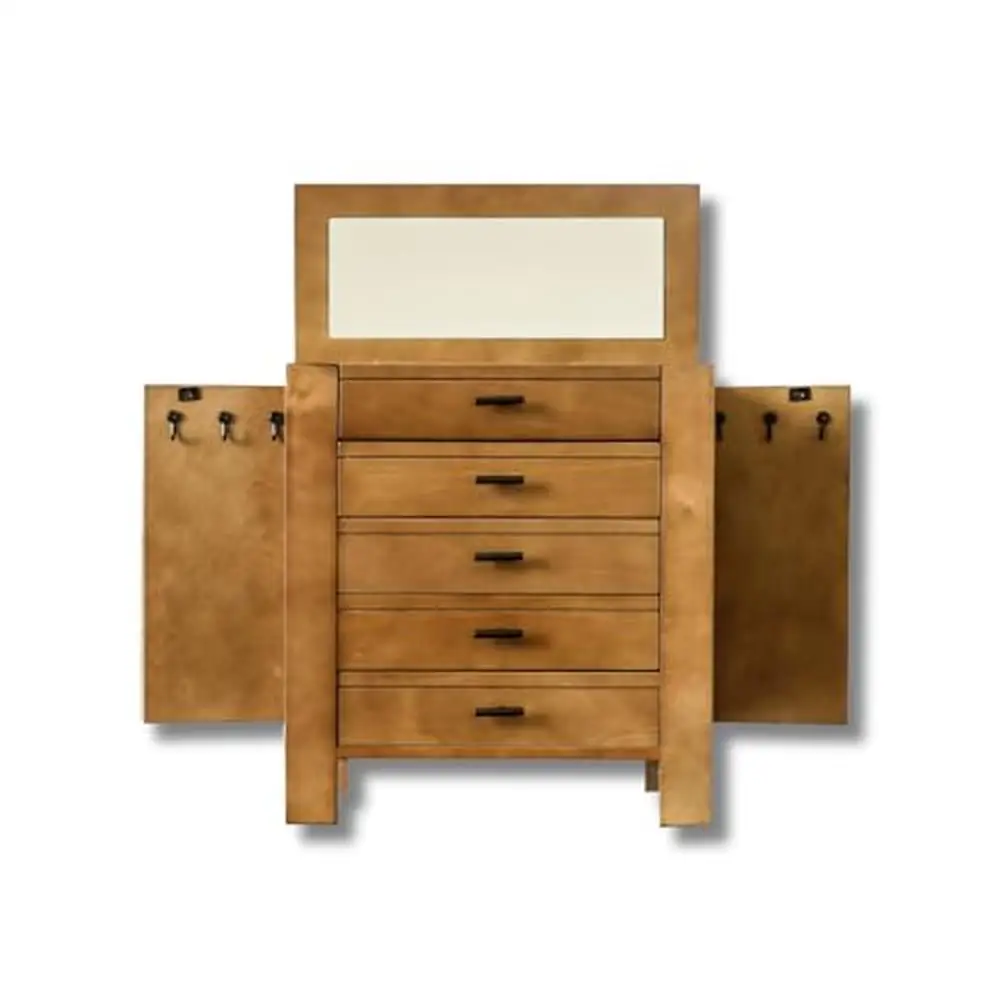 

Jewelry Storage Armoire with Necklace Hooks Ring Rolls Divided Compartments & Vanity Mirror