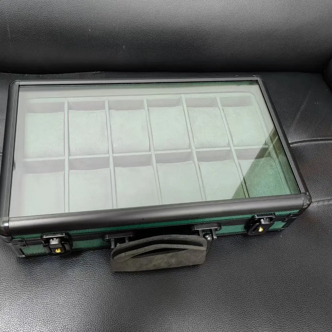 12 Slots Aluminum Jewelry Storage Box with Window, Clear Top Light Luxury Watch Case Organizer for Watches Briefcase