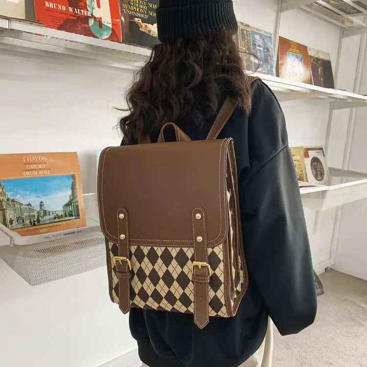 

JIAERDI Preppy Style Plaid Backpack Women Harajuku Vintage Rhombic Lattice Jk Brown Backpacks Ladies Retro School Bag Aesthetic