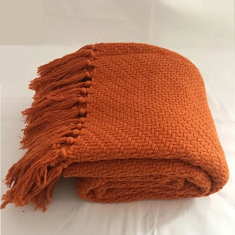 

Direct Selling Orange Knitted Blanket Stitch Tassel Towel Sofa Bed Tail Blanket Hotel Bed Blankets  Blanket TV Cover Nap