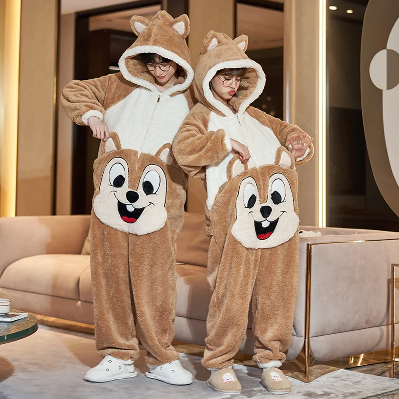 

Winter Couple Pajamas Jumpsuits Onesie Women Men Warm Thicken Cartoon Squirrel Sleepwear One-Pieces Lovers Pyjamas Hoodie Suit