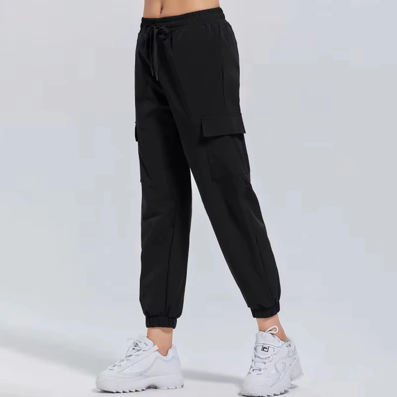 Women's Sports Pants Loose Spring Autumn Running Yoga Tracksuit Trousers Pocket Fitness Solid High Waist Cargo Jogging Pants 2
