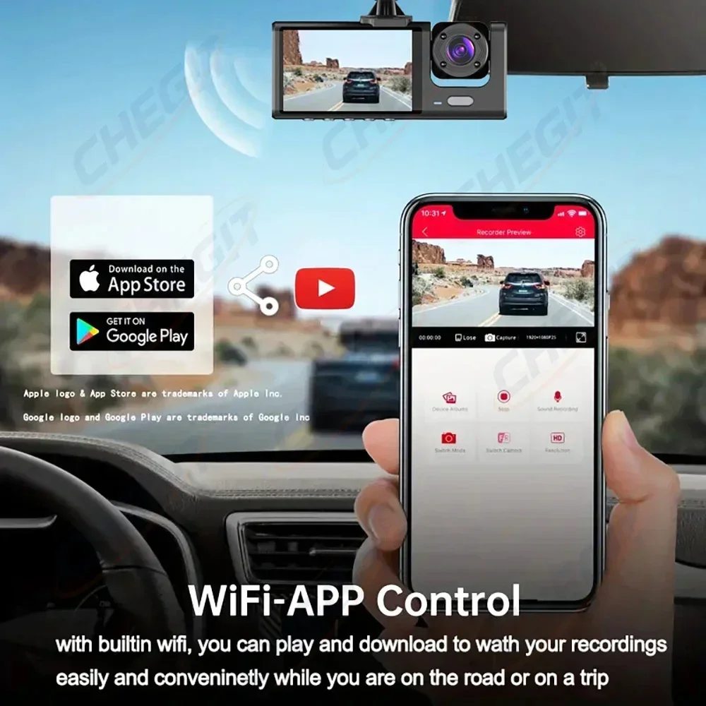 Cámara de salpicadero WIFI, 3 cámaras, 1080P, DVR para coche, 2/3 lentes, grabadora de vídeo, caja negra, cámara de salpicadero, grabación en bucle automático, accesorios para coche - Imagen 4