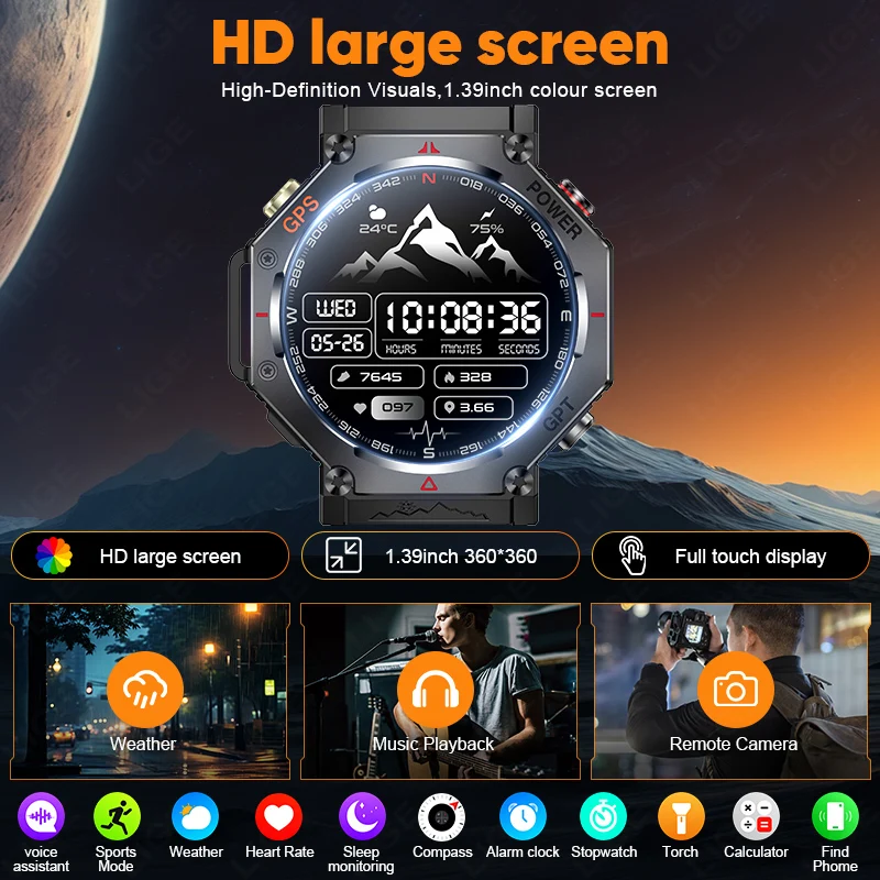 LIGE New Military GPS Smart Watch Men With LED Flashlight Compass Waterproof Outdoor Sports Tracker Bluetooth Call Smartwatch