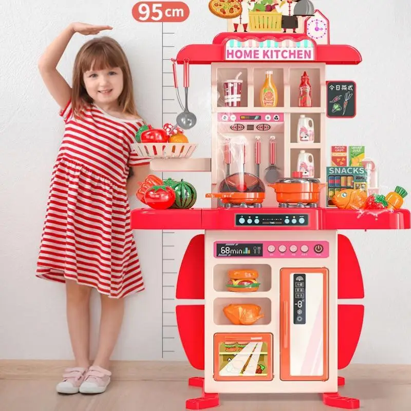 

95cm Large Kids Play House Kitchen Set Spray Kitchen Girl And Boy Baby Mini Food Cooking Simulation Dining Christmas Gifts Table