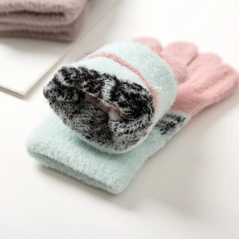 Winter Knitted Children's Gloves 3-10 Years Warm Soft Rabbit Wool Cartoons Kids Gloves Child Full Finger Baby Boys Girls Mittens