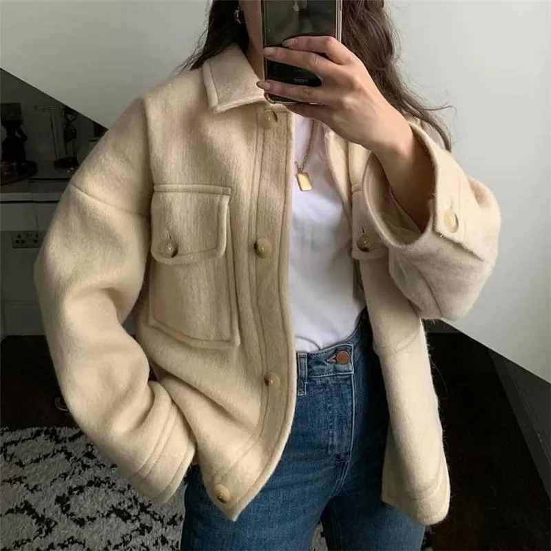 Vintage Long Sleeve Pockets Female Outerwear Chic Casual Overcoat Women 2024 Fashion Loose Woolen Crop Jacket Coat Streetwear women jacket spring 2024 traf fashion double breasted tweed blazer coat vintage long sleeve female outerwear chic top