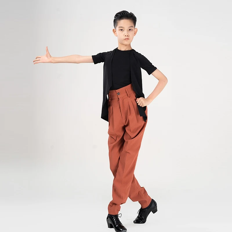 

Boys Latin Dance Clothing Black Tops High Waist Pants Kids Ballroom Waltz Performance Wear ChaCha Tango Practice Outfit DL11636