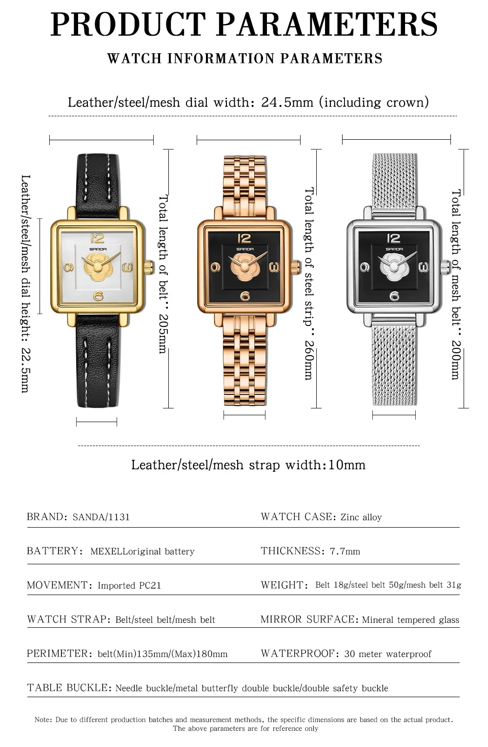 SANDA New Watch For Women Design Fashion Gold Square Dial Water Resistant Swiss Quartz Business Women Elegant Analog Wristwatch